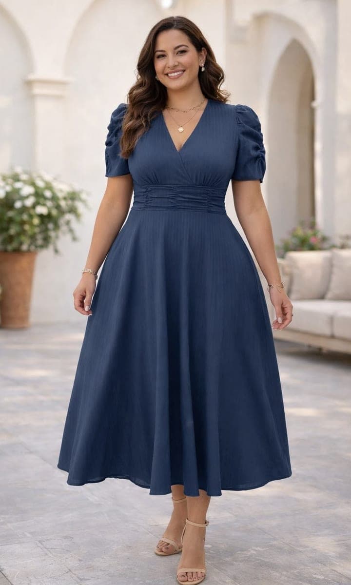 Example look: a navy blue midi dress with puffed short sleeves and a gathered waist, worn with nude sandals