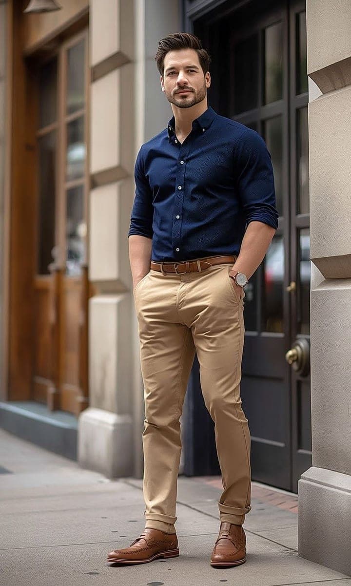 Example look: a navy blue long-sleeved shirt with khaki chinos, a brown belt and brown shoes