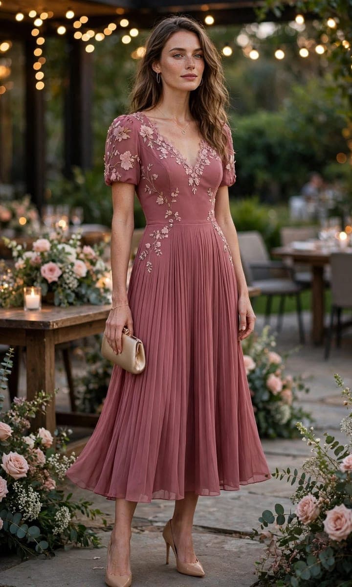 Example look: an old rose midi dress with short sleeves, floral embroidery and a pleated skirt, worn with nude heels