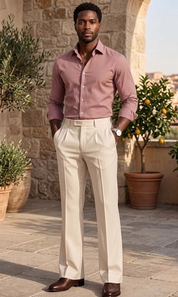 Example look: an old rose long-sleeved shirt with cream trousers and brown shoes